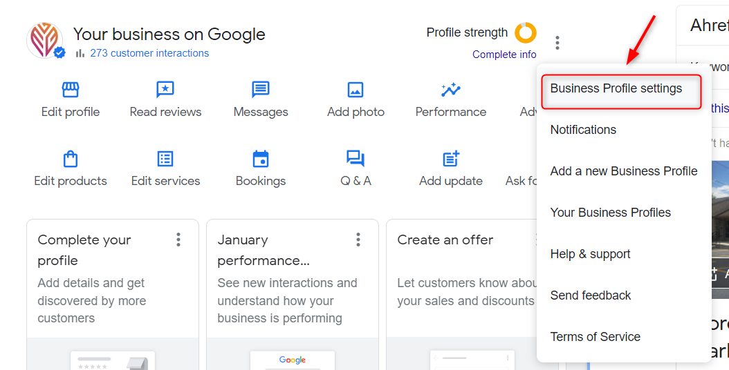business profile settings