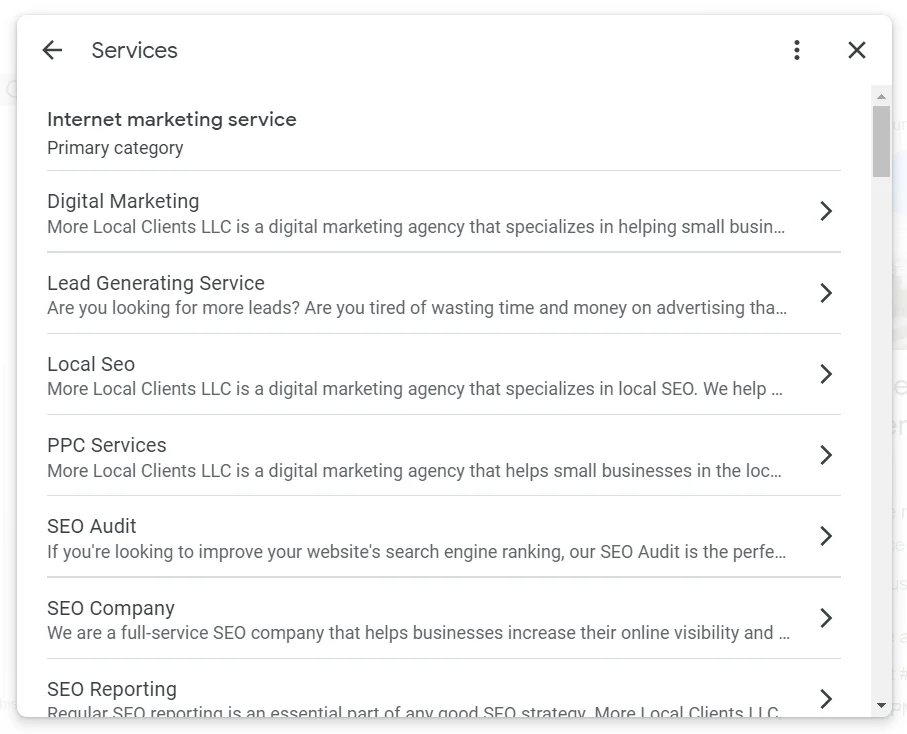 Services at Google Business Profile